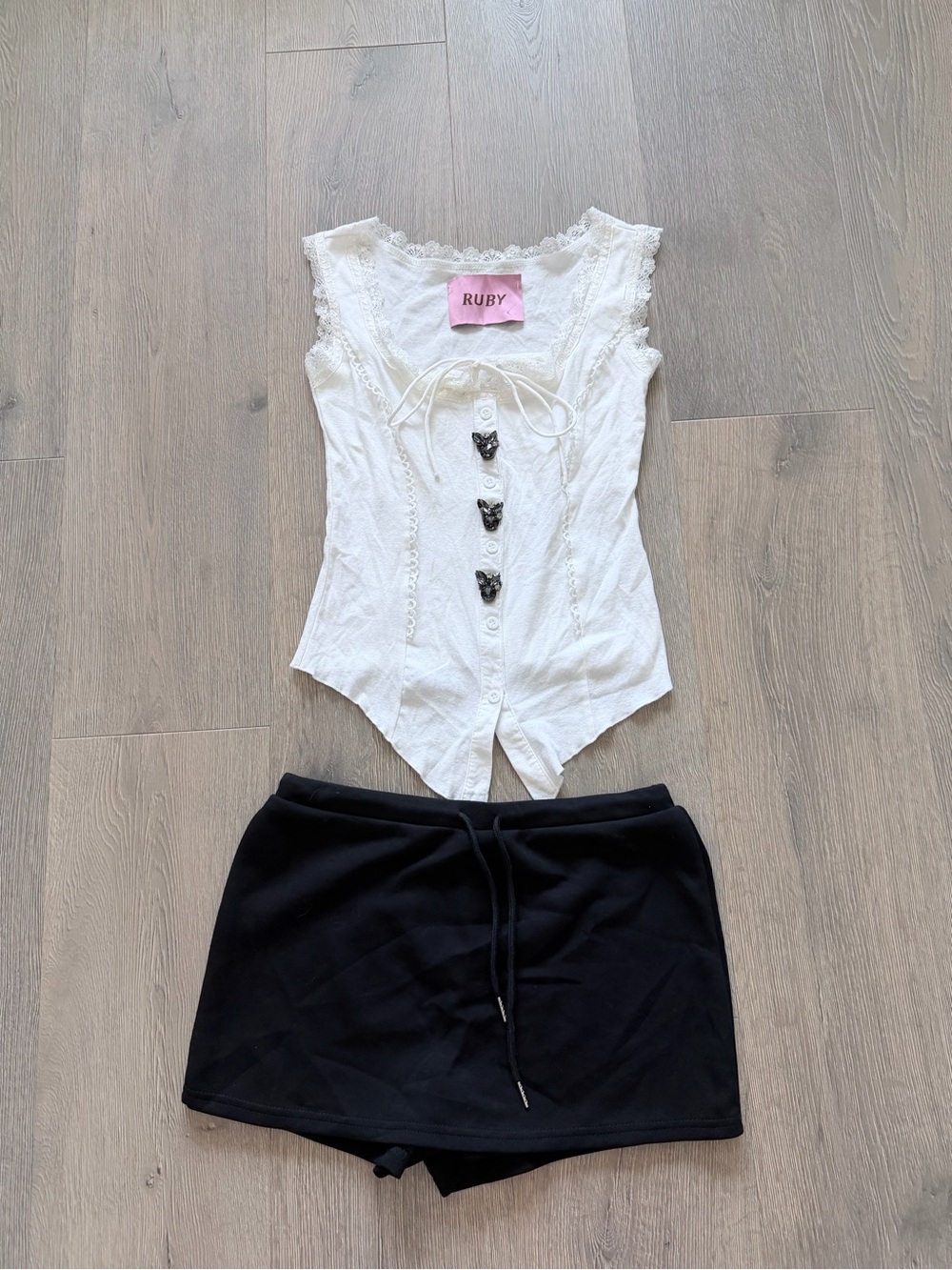 Coquette White Lace Trim Tank Top & Black Skort Set w/ Crystal Accents 🤍✨